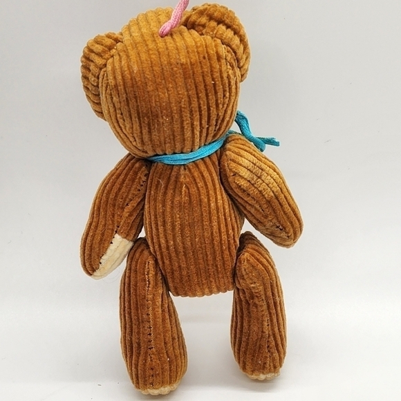 Vintage mini Corduroy bear ornament tan with blue bow moveable - Picture 2 of 13